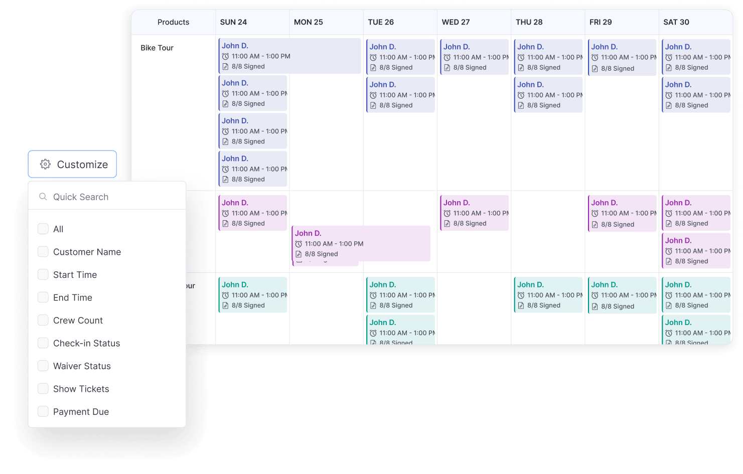 Calendar shown in month, resource, and list layouts