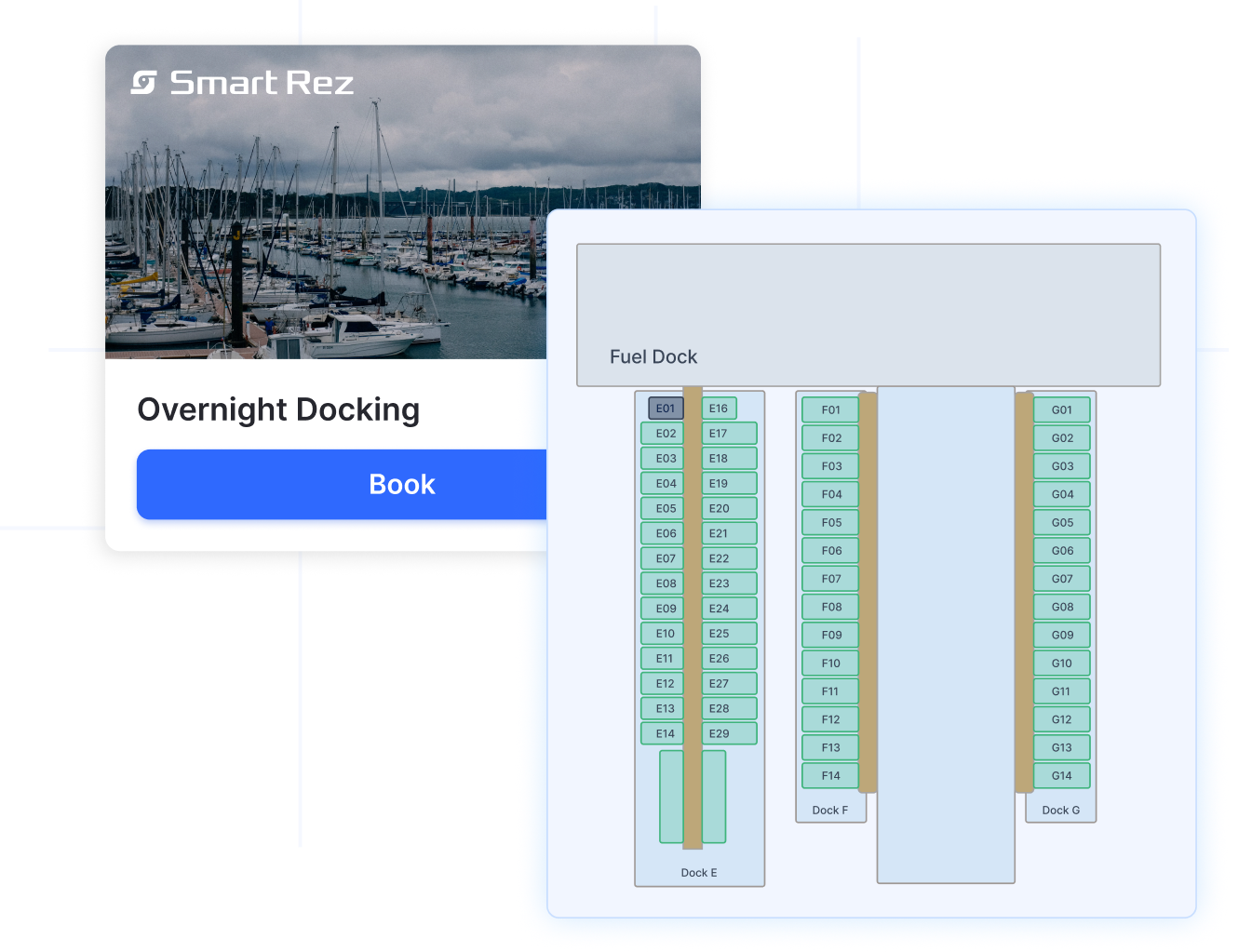 Overnight docking booking card and interactive marina dock map