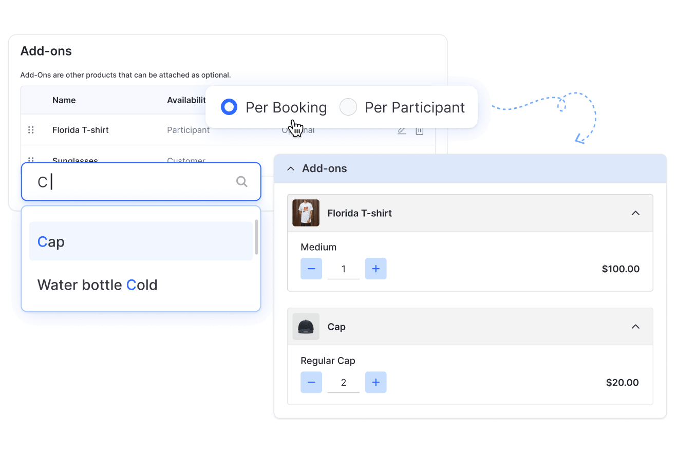 Add-on products attached to a booking with per-booking pricing