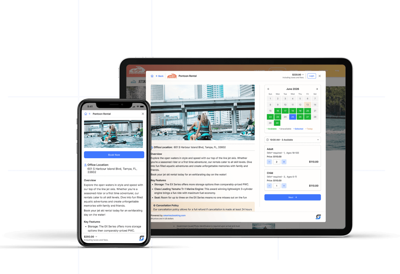 Booking widget shown on desktop and mobile devices