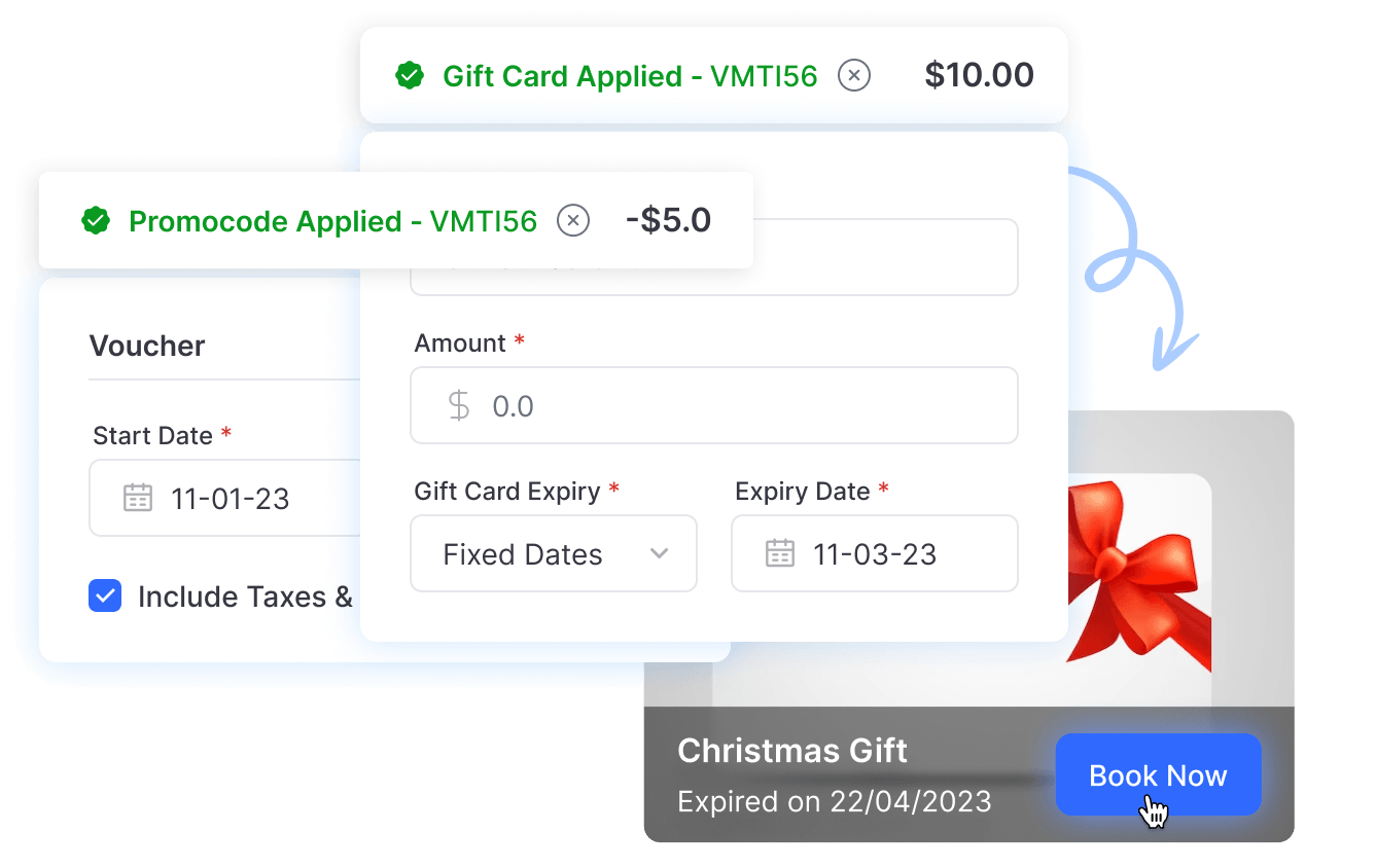 Gift card and promo code applied to a booking total